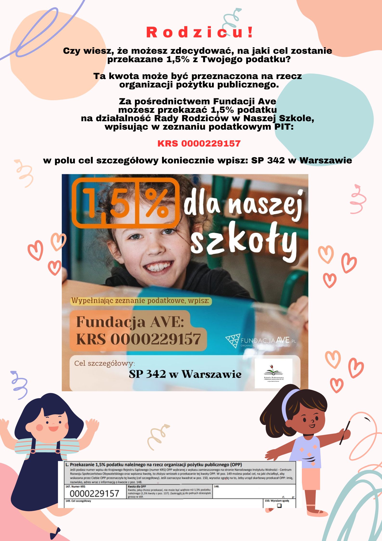 Plakat zachęcający do rozliczenia 1 procentu na cel szkolny